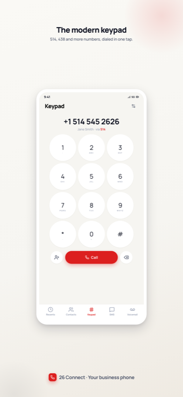 26 Connect keypad tab dialling a number, with the via 514 line indicator, the Call button, and the five-tab bar