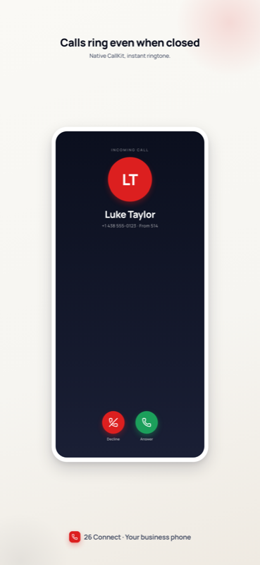 Full-screen native iOS incoming call screen with Decline and Answer buttons