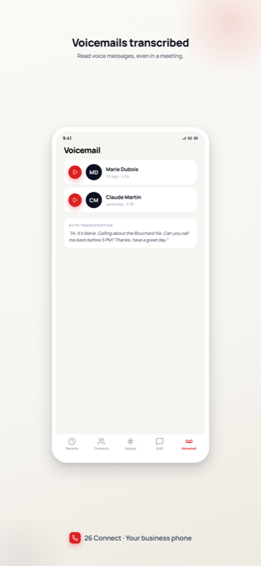 Voicemail tab showing the message list and an auto-transcription panel with the message as readable text