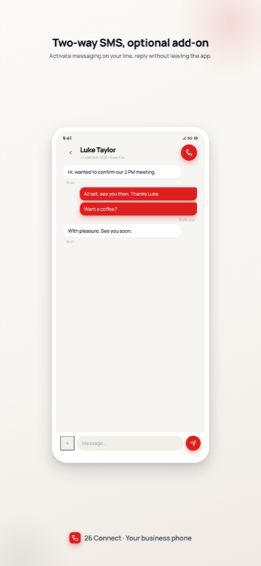 Two-way business SMS thread inside the app, with the message composer
