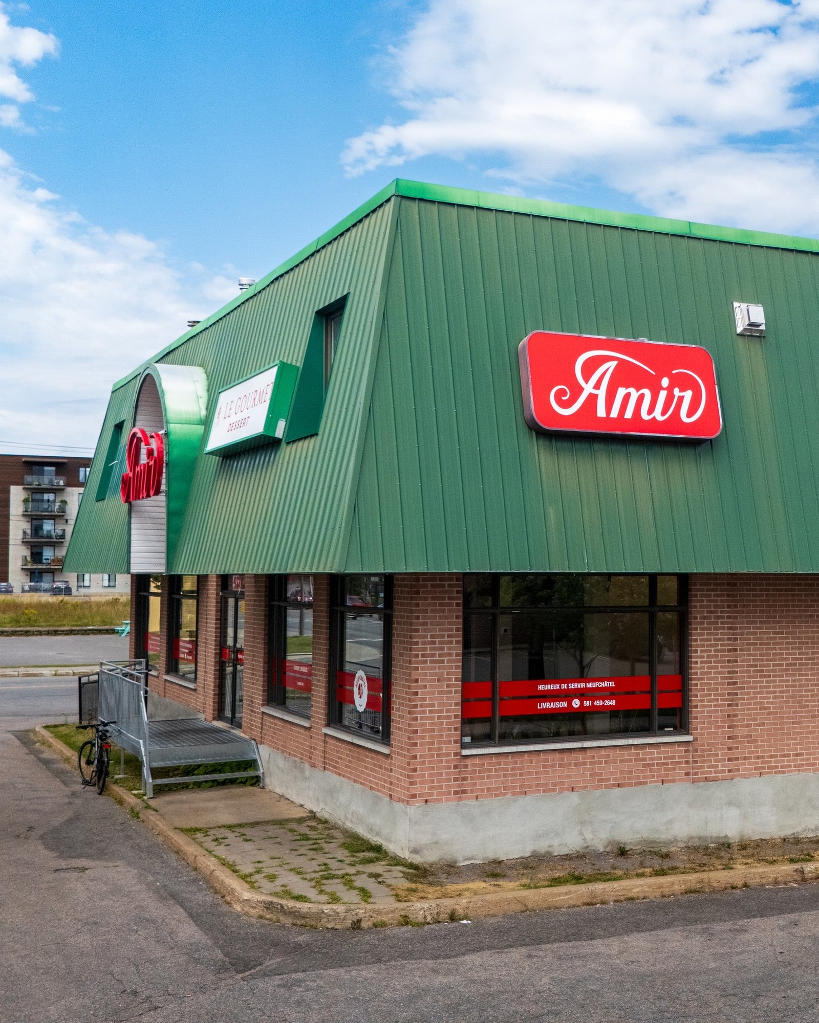 Front view of a commercial restaurant from an elevated angle