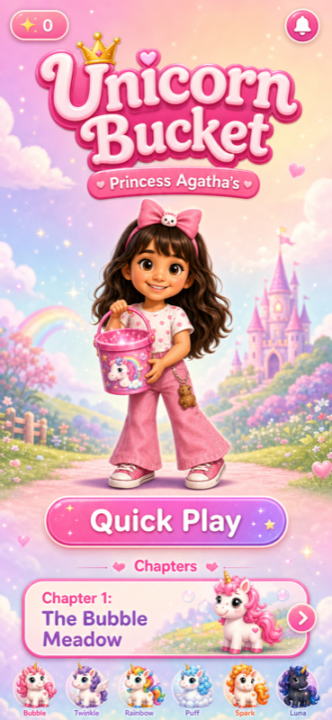Pastel title screen with Quick Play, the Chapter 1 The Bubble Meadow card and the six unicorn characters