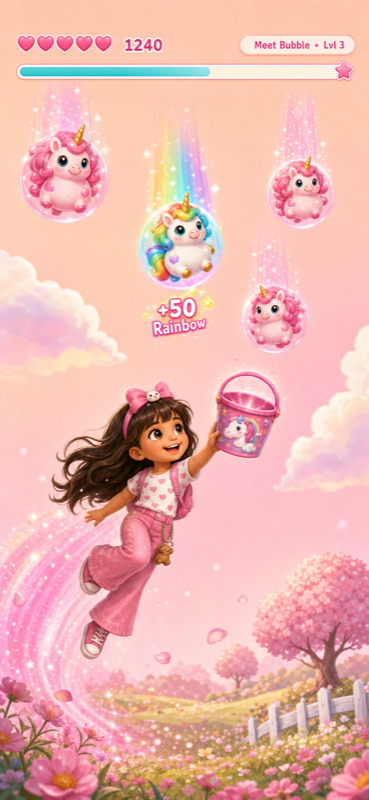 Gameplay in the pink meadow: Agatha flying with her bucket as unicorns descend inside bubbles