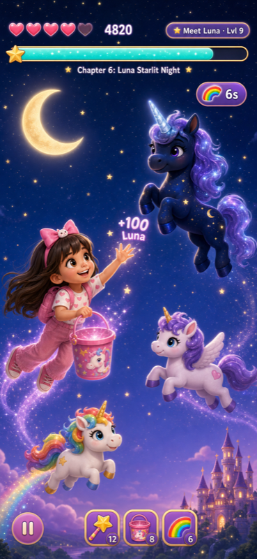 Night play in Chapter 6 Luna Starlit Night, with a +100 Luna catch and the power-up tray