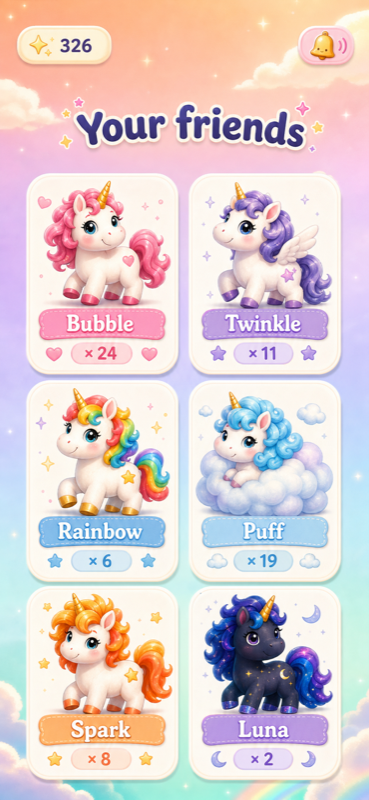 Your friends collection screen: a card per unicorn, how many were caught, and a sparkles total