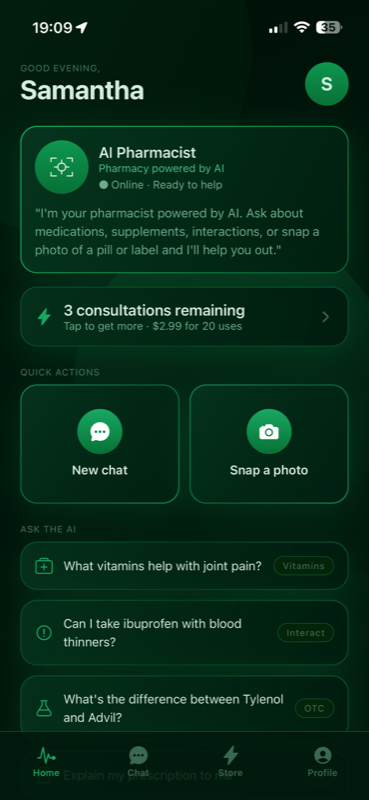 App screenshot of the home screen with consultations remaining, quick actions and starter questions