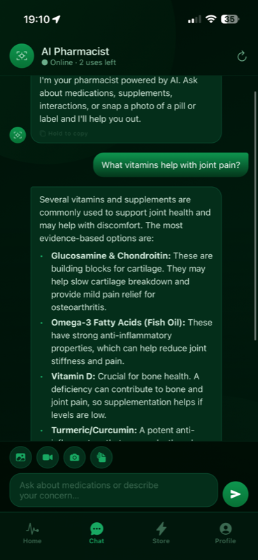 AI Pharmacy chat answering a question about vitamins for joint pain