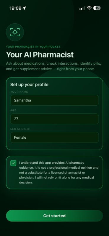 App screenshot of onboarding with profile fields and the required acknowledgement checkbox
