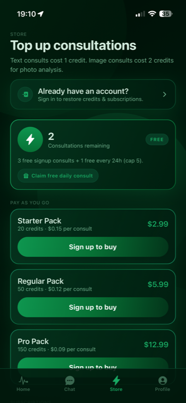 App screenshot of the top-up store showing the Starter, Regular and Pro credit tiers