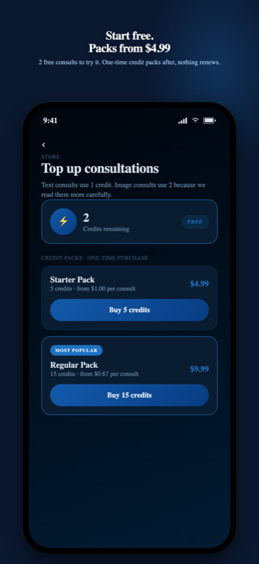 Top up consultations store screen with the Starter and Regular credit packs