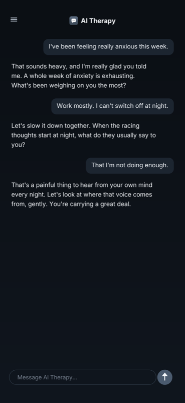 Conversation about a week of anxiety and not being able to switch off at night, with the AI reflecting back and asking one gentle question at a time