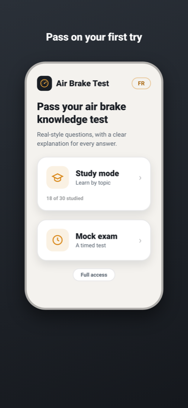 Air Brake Test Practice home screen offering study mode and mock exam