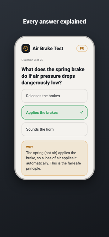 Question about the spring brake with the correct answer marked and a WHY panel explaining the fail-safe principle