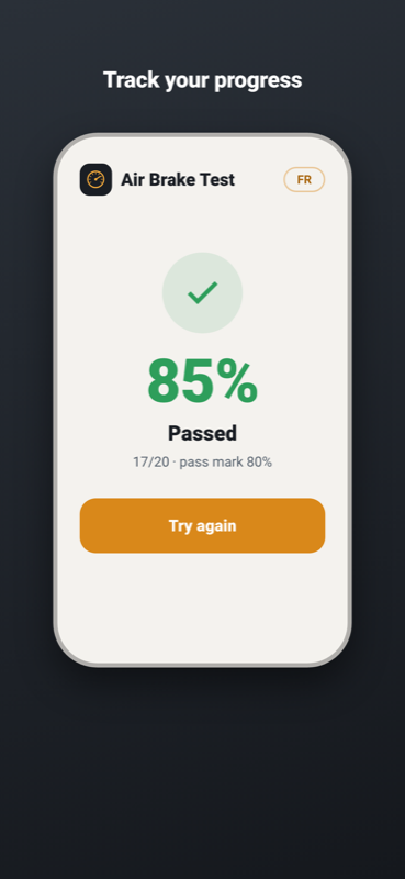 Results screen showing 85 percent passed, 17 of 20 against an 80 percent pass mark