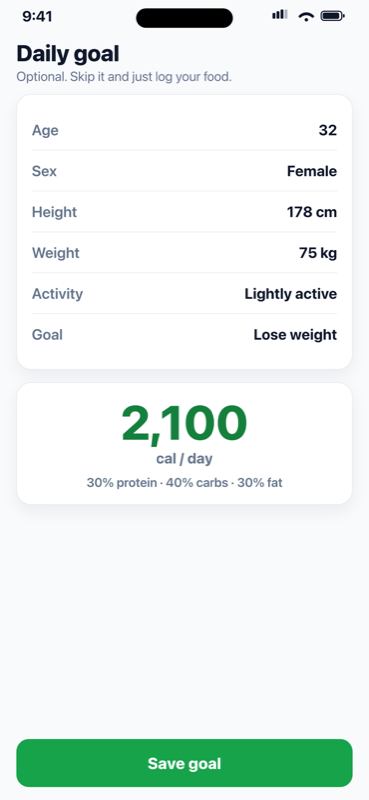 App screenshot of the daily goal setup calculating a calorie target and macro split from age, height, weight and activity