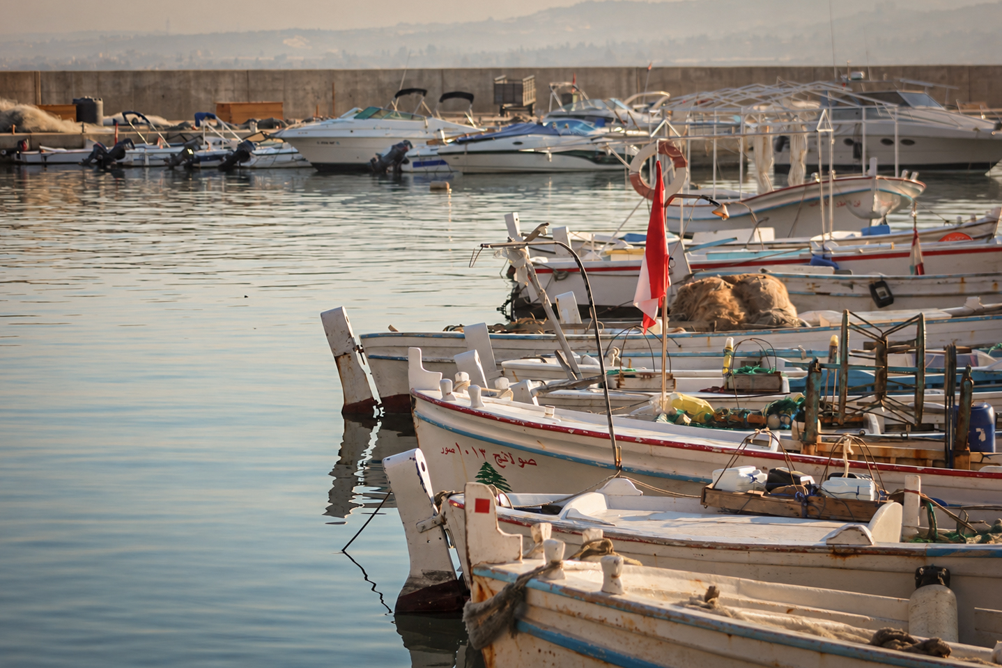 Wooden fishing boats moored in the harbour of Tyre in the early light