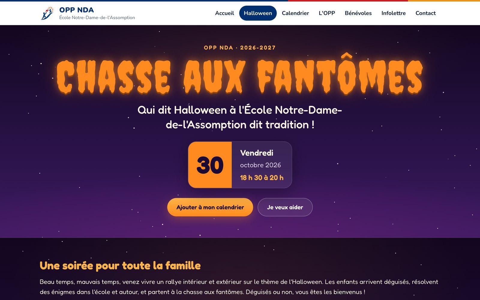 The Halloween event page, with the date and buttons to add it to a calendar and to help