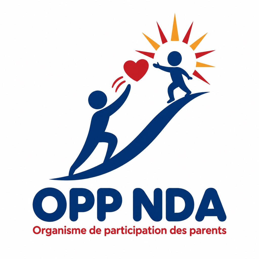 The OPP NDA logo: a parent who climbs holds out a heart to a child, under a red and gold sun, above the name OPP NDA