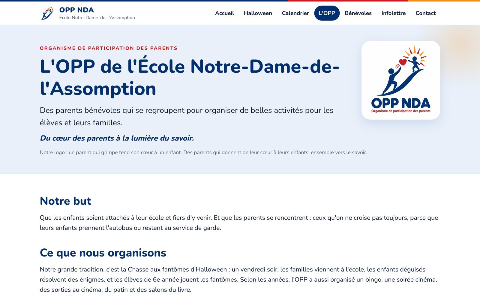 The OPP's page on a desktop, with its logo, its motto and its goal