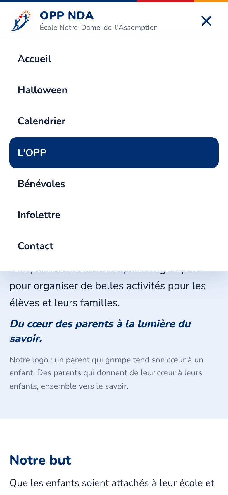 The site menu on a phone: home, Halloween, calendar, the OPP, volunteers, newsletter, contact