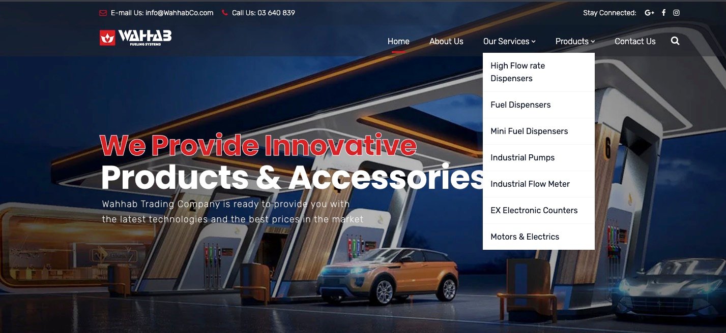The website's dropdown product menu