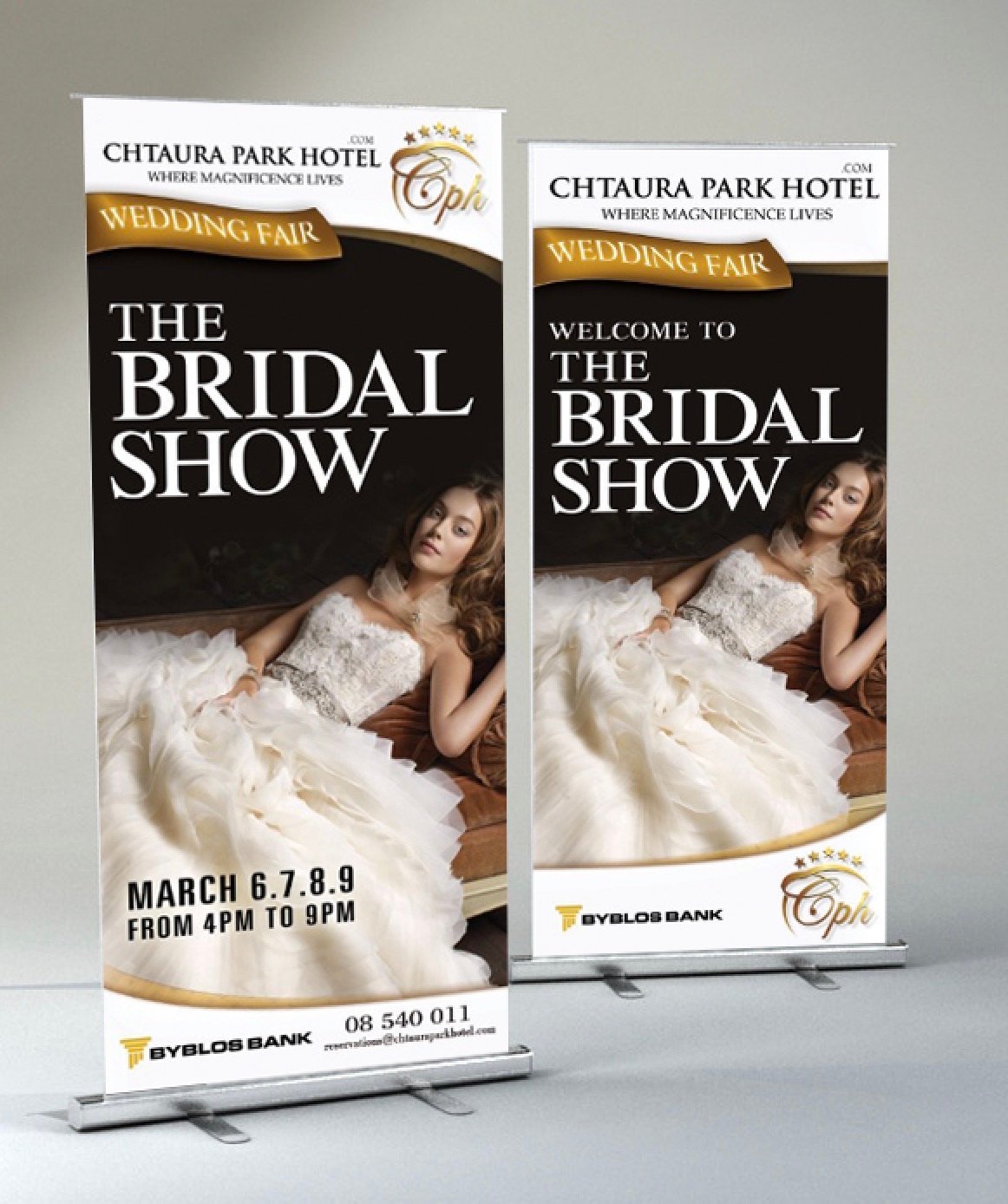 Large-format roll-up banners for the Bridal Show.