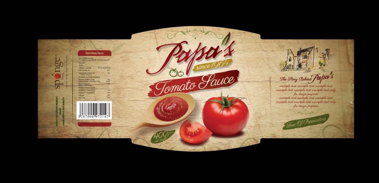 A flat product label design for Tomato Sauce.