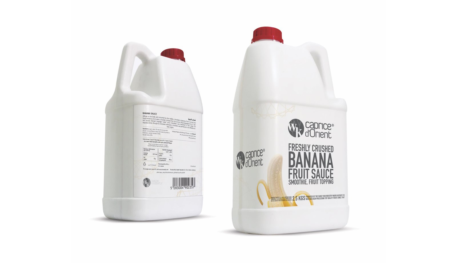 Bulk packaging for banana syrup.