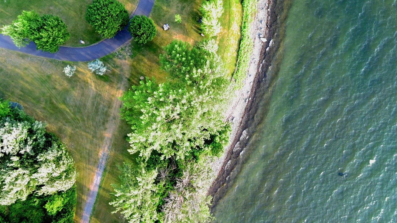 Aerial photograph of a church and surrounding town.