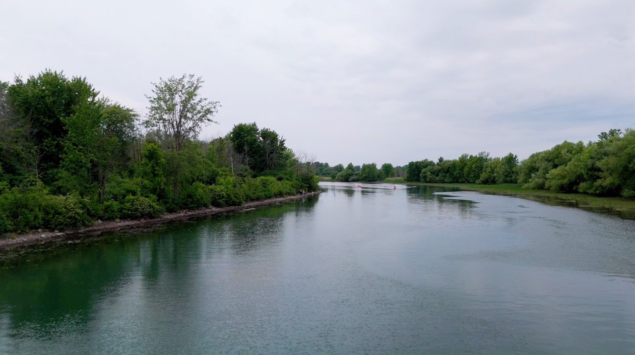 Aerial view of a bend in a river surrounded by trees.