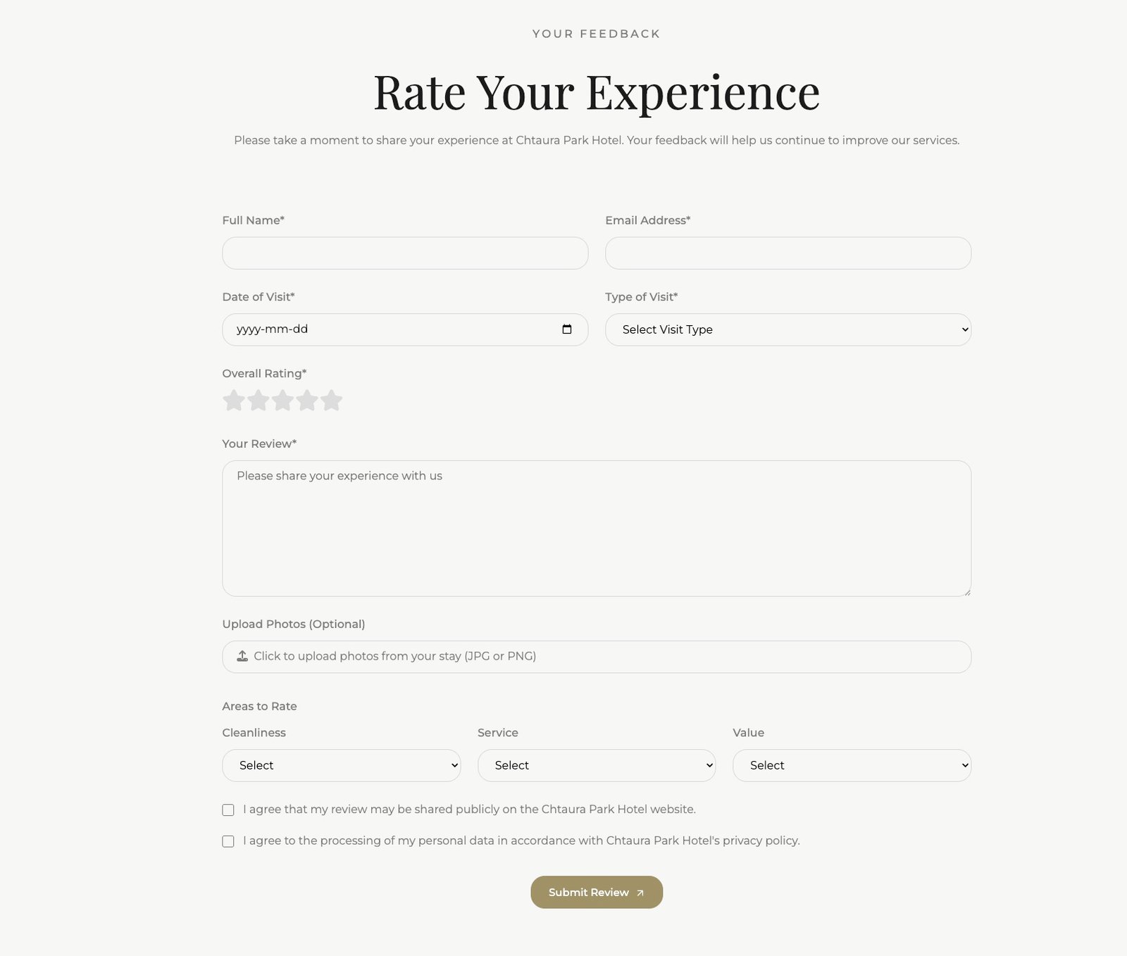 A 'Rate Your Experience' form.