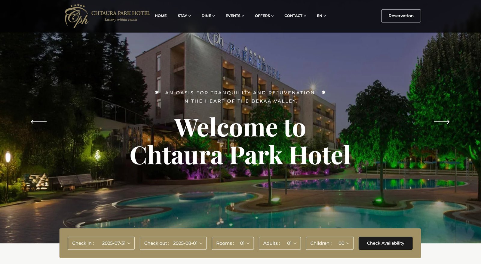 A screenshot of the Chtaura Park Hotel homepage.