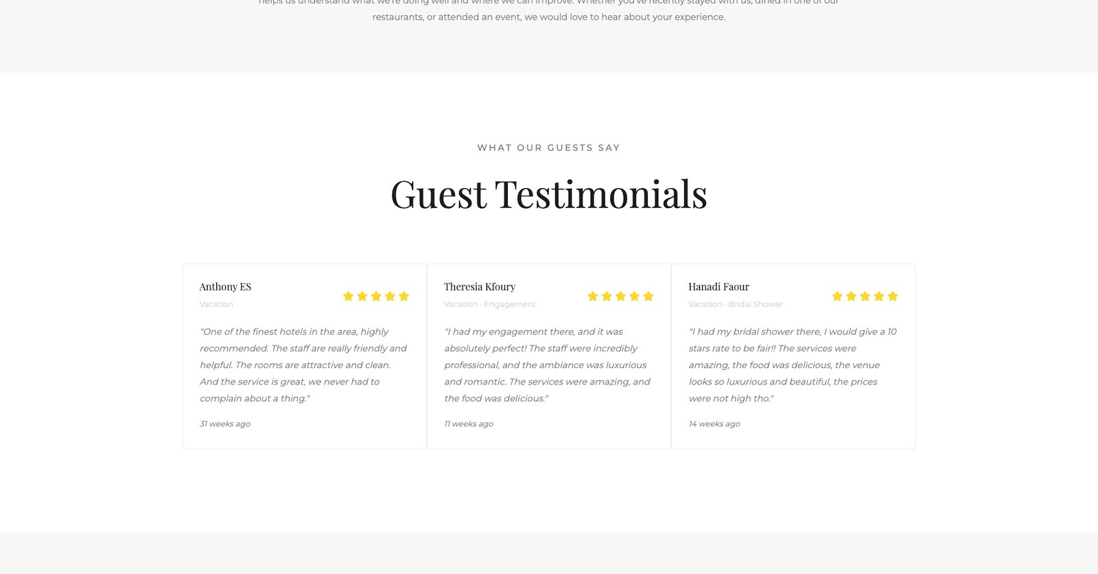Guest testimonials section.